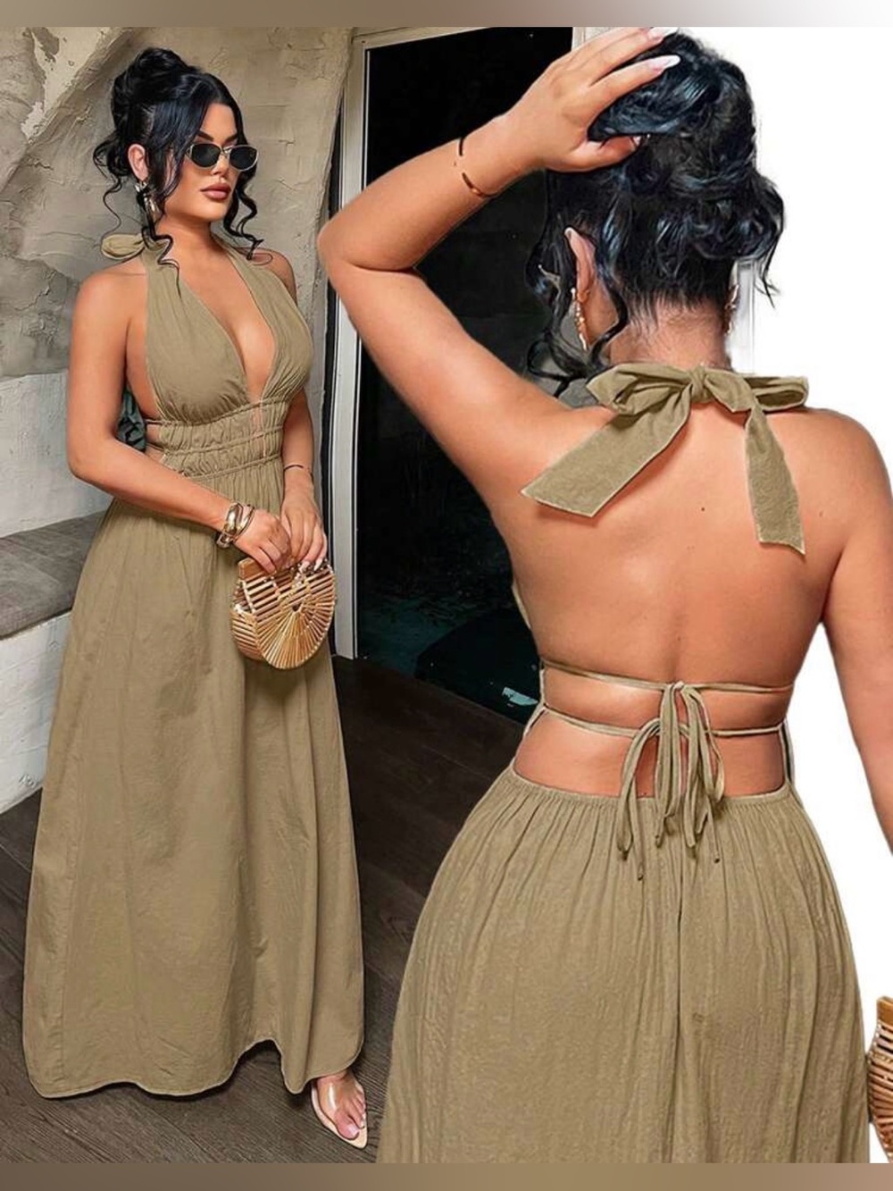 Sleeveless Halter Maxi Dress - Olive